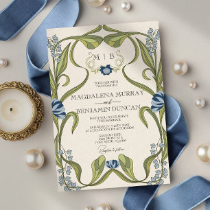Invitation Mariage Art nouveau floral bleu poussiéreux et mar