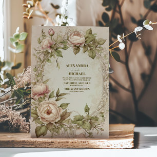 Invitation Mariage Art Nouveau Floral Vintage Vert Olive
