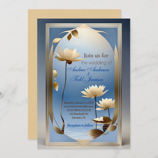 Invitation Mariage Art nouveau lotus fleurs (Devant / Derrière)