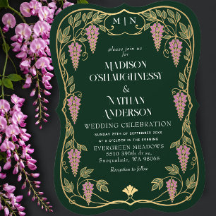 Invitation Mariage Art Nouveau Or Glycine Rose