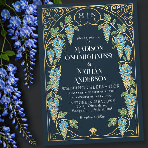 Invitation Mariage Art Nouveau Or Wisteria Bleu