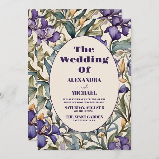Invitation Mariage Art Nouveau Purple Iris (Devant / Derrière)