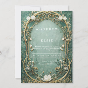 Invitation Mariage Art nouveau vert mousse mer filigrane doré