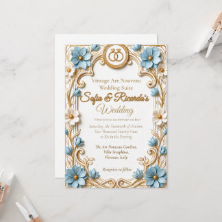 Invitation Mariage Art Nouveau Vintage Bleu & Or en Relief