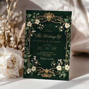 Invitation Mariage Art Nouveau Vintage Floral Vert et or