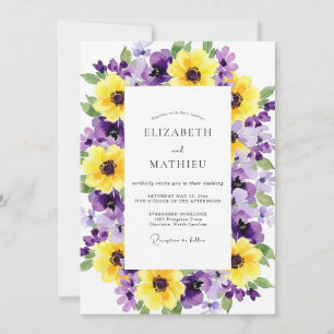 Invitation Mariage artistique à floraison jaune violet