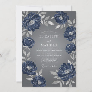 Invitation Mariage artistique à la floraison bleu marine
