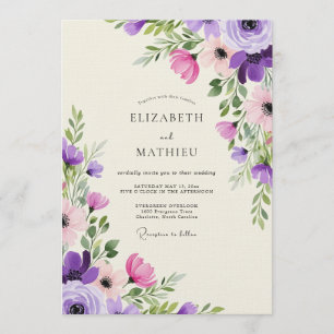 Invitation Mariage artistique à la floraison rose lavande