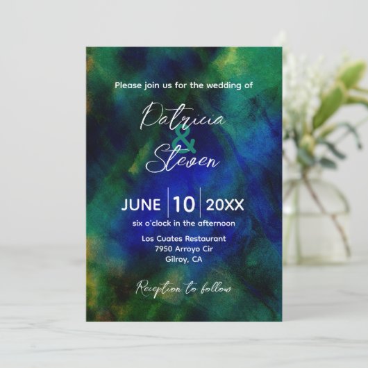Invitation Mariage artistique Abstrait bleu foncé vert (Debout devant)