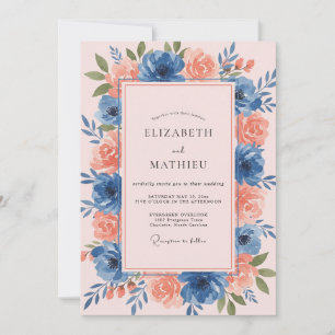 Invitation Mariage artistique avec des fleurs bleues poussiér