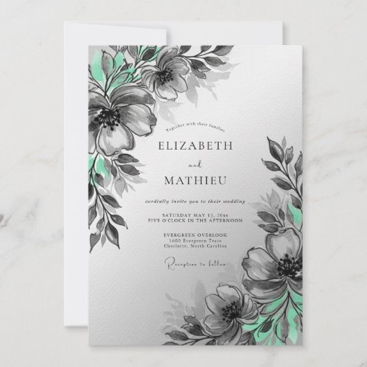 Invitation Mariage Artistique Botanique Vert Menthe (Devant)