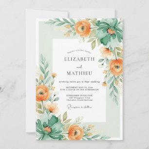 Invitation Mariage artistique de printemps sarcelle et pêche