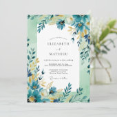 Invitation Mariage artistique de printemps sarcelle ocre (Debout devant)