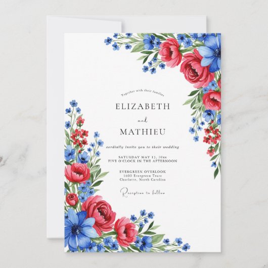Invitation Mariage artistique d'été bleu cramoisi (Devant)