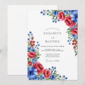 Invitation Mariage artistique d'été bleu cramoisi (Devant / Derrière)