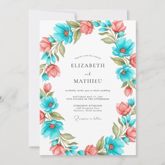 Invitation Mariage Artistique Fleur Corail Sarcelle (Devant)