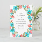 Invitation Mariage Artistique Fleur Corail Sarcelle (Debout devant)