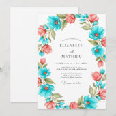 Invitation Mariage Artistique Fleur Corail Sarcelle (Devant / Derrière)