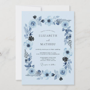 Invitation Mariage Artistique Fleurie Bleu Ciel