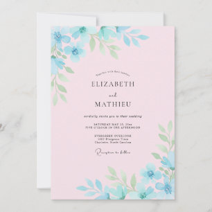 Invitation Mariage artistique floral bleu ciel