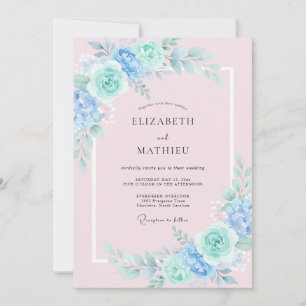 Invitation Mariage Artistique Floral Bleu Menthe