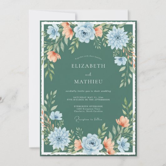 Invitation Mariage artistique floral déployé sarcelle (Devant)