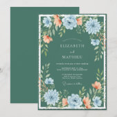 Invitation Mariage artistique floral déployé sarcelle (Devant / Derrière)