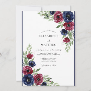 Invitation Mariage artistique Navy Bourgogne Bloom