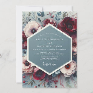 Invitation Mariage Artistique Slate & Crimson Bloom