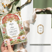 Invitation Mariage asiatique de parasol rouge et de fleurs de