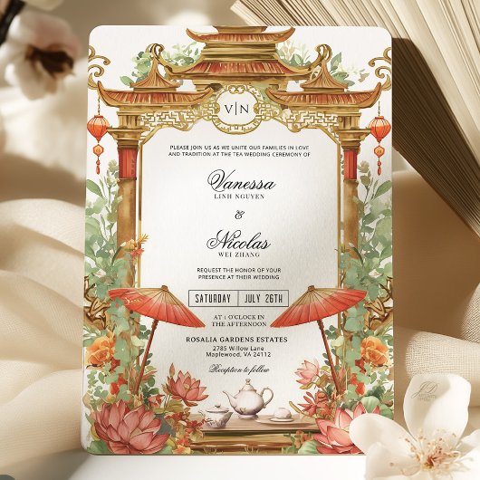 Invitation Mariage asiatique de parasol rouge et de fleurs de