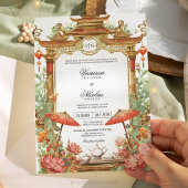 Invitation Mariage asiatique de parasol rouge et de fleurs de