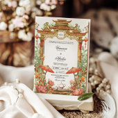 Invitation Mariage asiatique de parasol rouge et de fleurs de