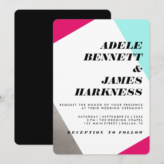 Invitation Mariage Asymétrique Hot Pink Silver & Turquoise (Devant / Derrière)