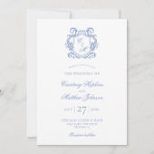 Invitation Mariage au Blason de Monogramme Bleu Poussiéreux É (Devant)