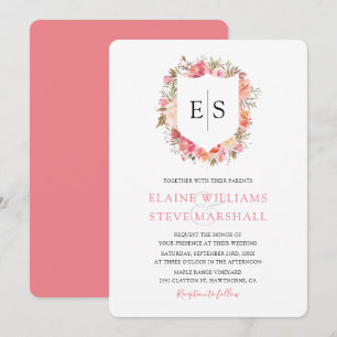 Invitation Mariage au Blason de Monogramme Floral Rose Royal