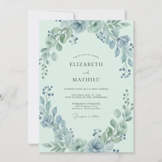 Invitation Mariage au bleu acier et eucalyptus vert mousse (Devant)