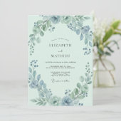 Invitation Mariage au bleu acier et eucalyptus vert mousse (Debout devant)