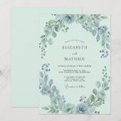 Invitation Mariage au bleu acier et eucalyptus vert mousse (Devant / Derrière)