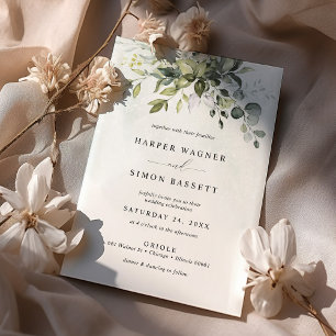 Invitation Mariage au bleu poussiéreux avec eucalyptus et pla