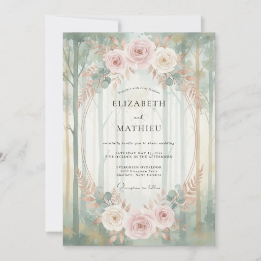 Invitation Mariage au bois de menthe rose (Devant)