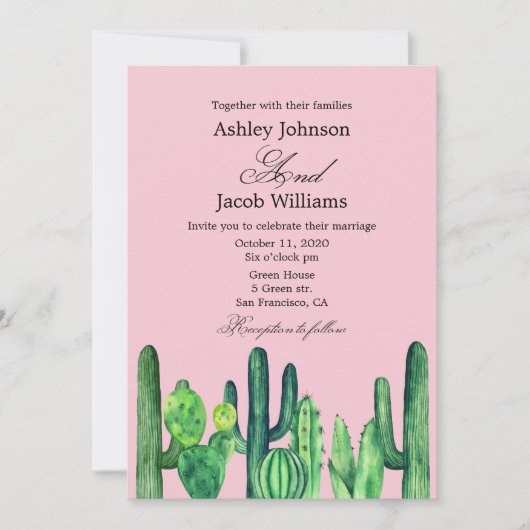 Invitation Mariage au cactus. Succulent vert. Rose moderne (Devant)