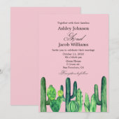 Invitation Mariage au cactus. Succulent vert. Rose moderne (Devant / Derrière)