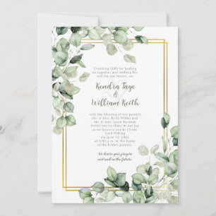 Invitation Mariage au cadre doré avec feuilles d'eucalyptus v