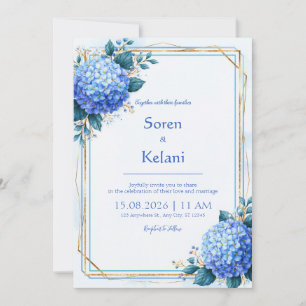 Invitation Mariage au cadre doré avec Hydrangea Bleu Poudre