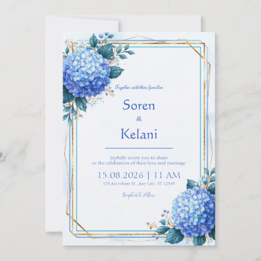 Invitation Mariage au cadre doré avec Hydrangea Bleu Poudre (Devant)