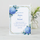 Invitation Mariage au cadre doré avec Hydrangea Bleu Poudre (Debout devant)
