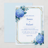 Invitation Mariage au cadre doré avec Hydrangea Bleu Poudre (Devant / Derrière)