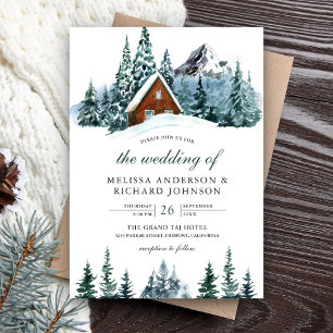 Invitation Mariage au chalet de montagne enneigé en forêt