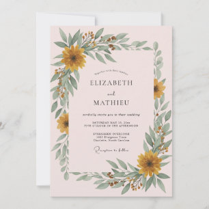 Invitation Mariage au champagne rose tournesol eucalyptus